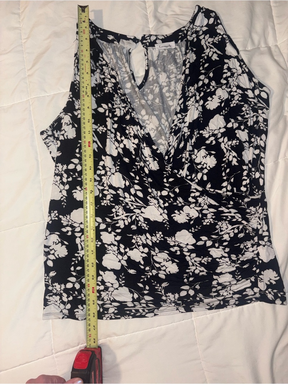 NWOT Loveappella Black White Floral Faux Wrap Tank Top - Picture 5 of 6